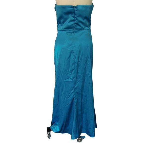 90s Y2K Prom Dress Maxi Gown Size L Teal Strapless Ruched Satin Formal Dance - Picture 10 of 11